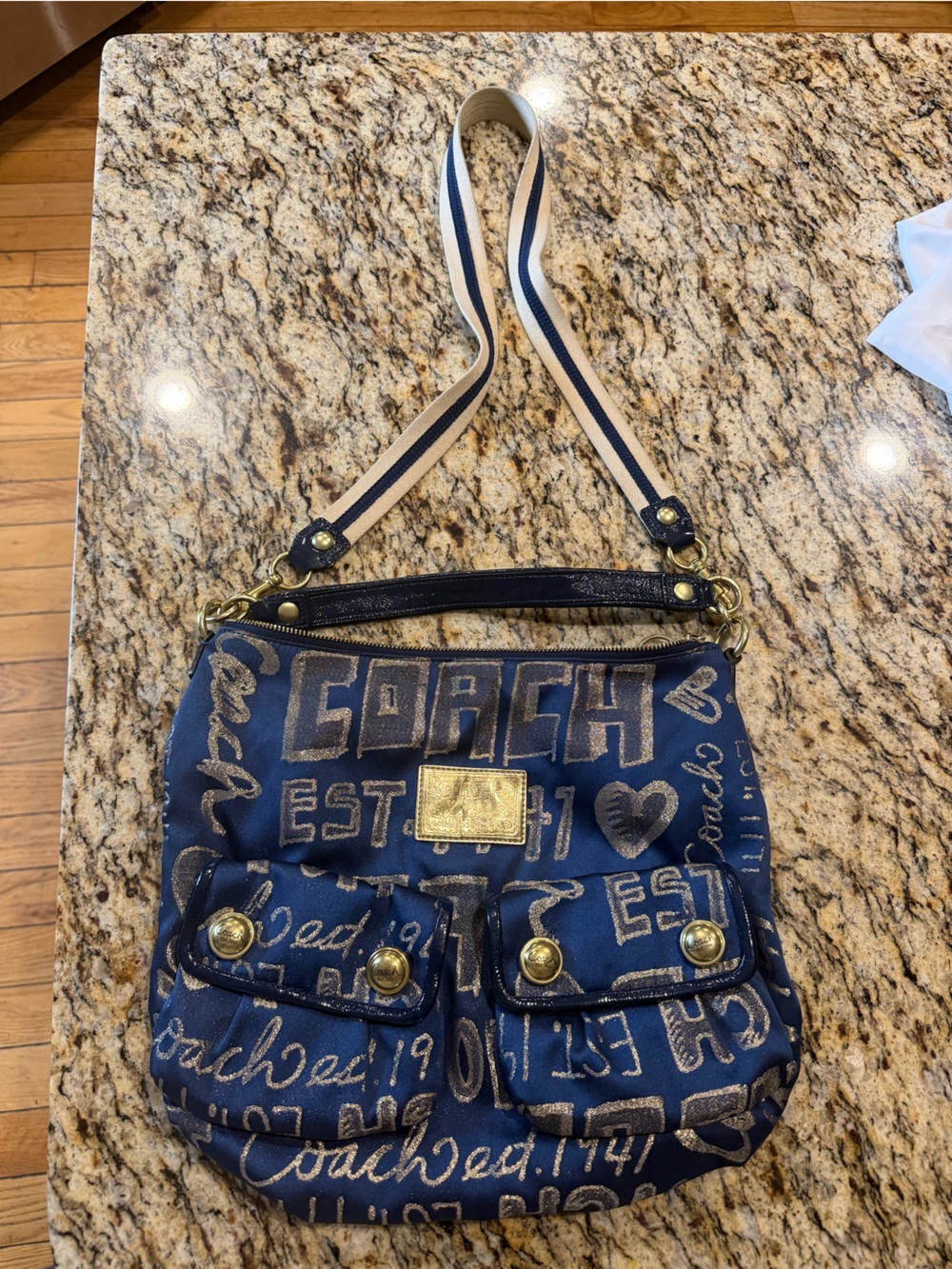 Coach Navy Script Print Crossbody with Gold Hardware